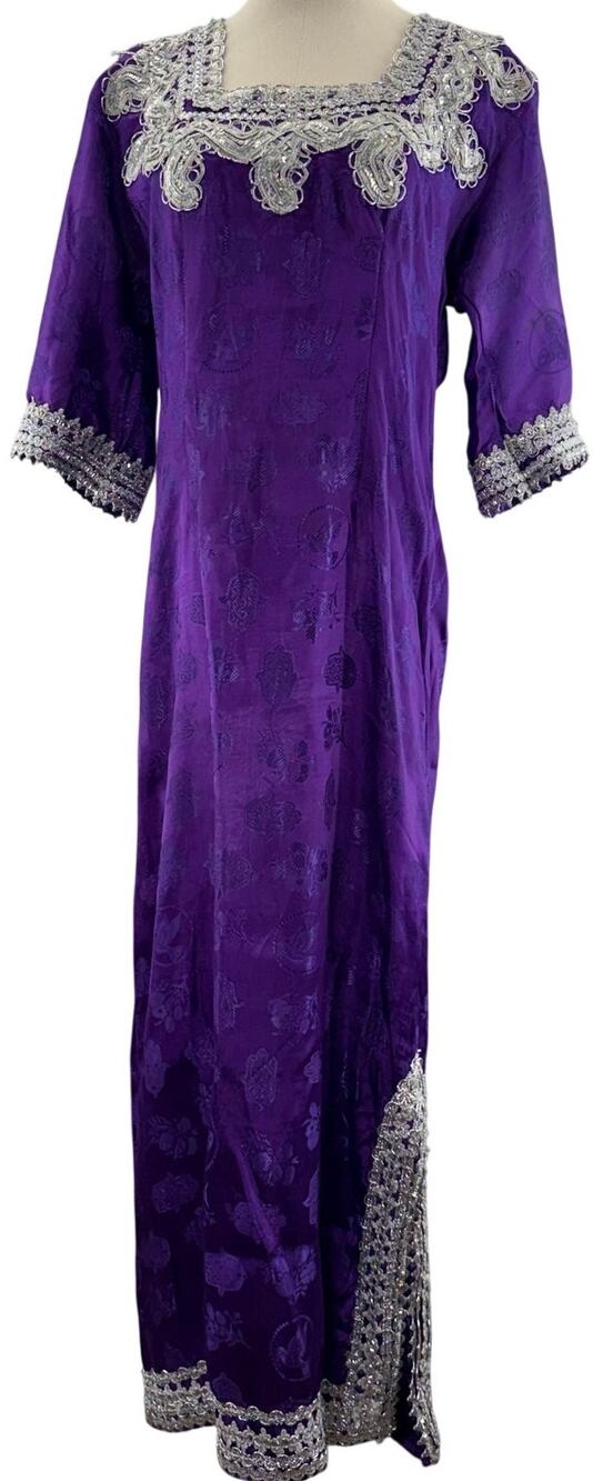 Vintage 90s Women's Medium Royal Purple Embossed Maxi Dress Silver Trim